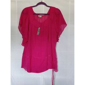 Worthington‎ Woman 1X Bright Pink Butterfly Sleeve Sheer Blouse Tunic Top